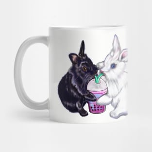 Boba bunnies - bunny rabbits sipping bubble tea - pair of cute furry ebony and snow colored coloured lionhead bunny rabbit Mug